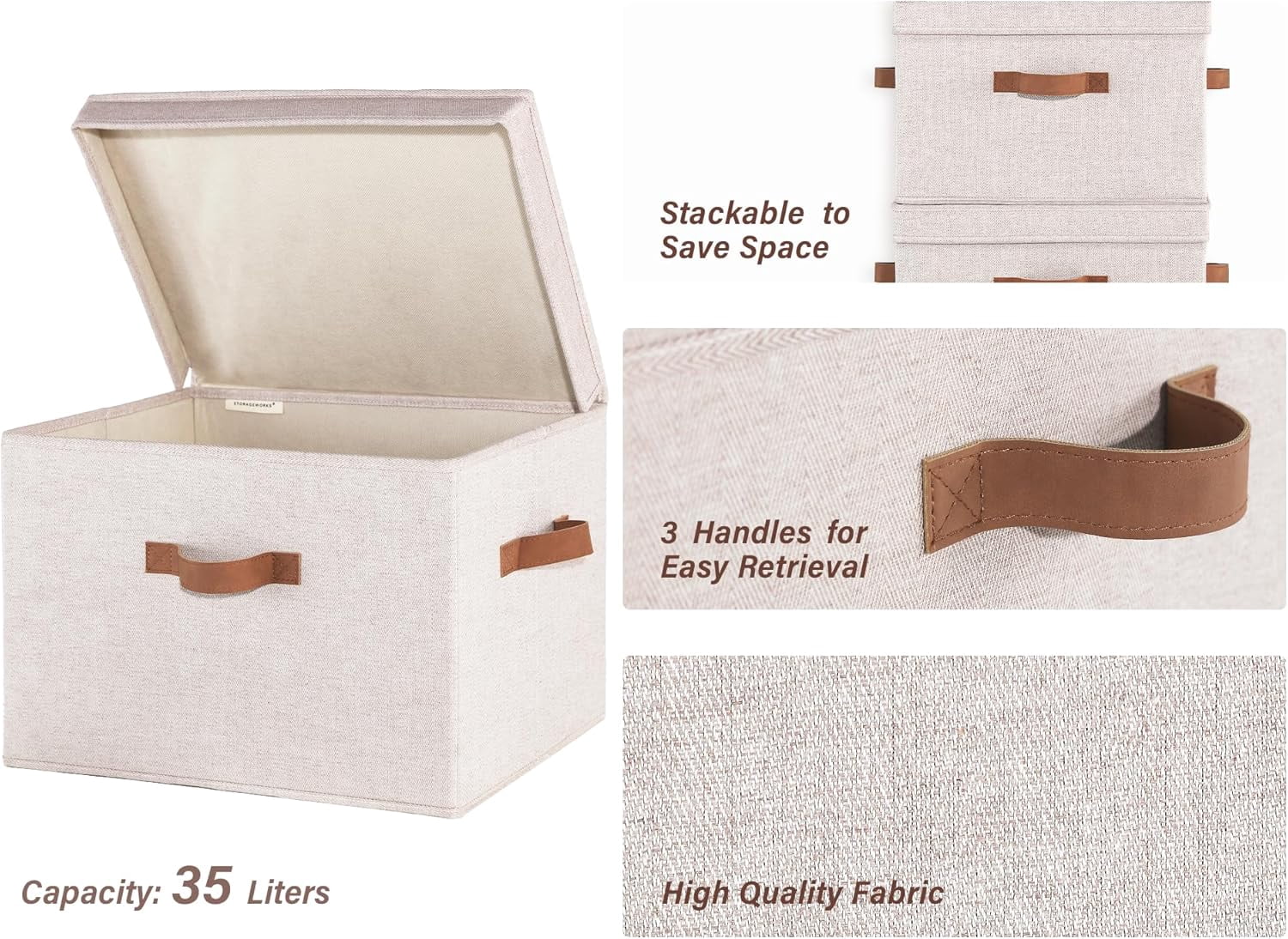 StorageWorks Fabric Storage Bins with Lid, Decorative Storage Boxes for Shelves with Handles, Jumbo, 2-Pack, Brown and Beige