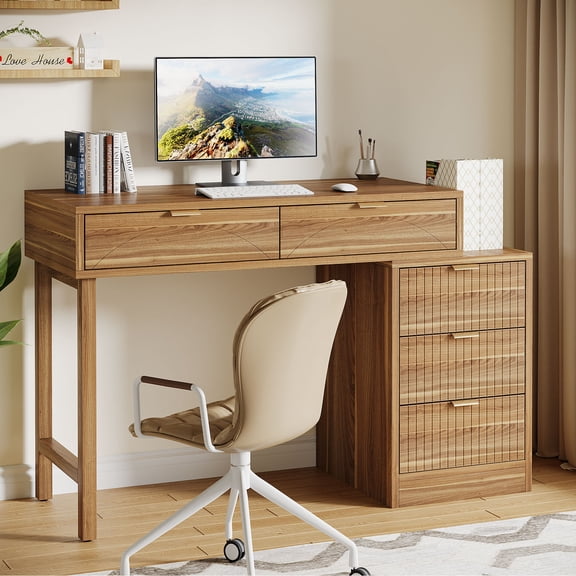 Tribesigns 39" Reversible Computer Desk with 5 Drawers, Wood Writing Desk for Home Office, Walnut Brown