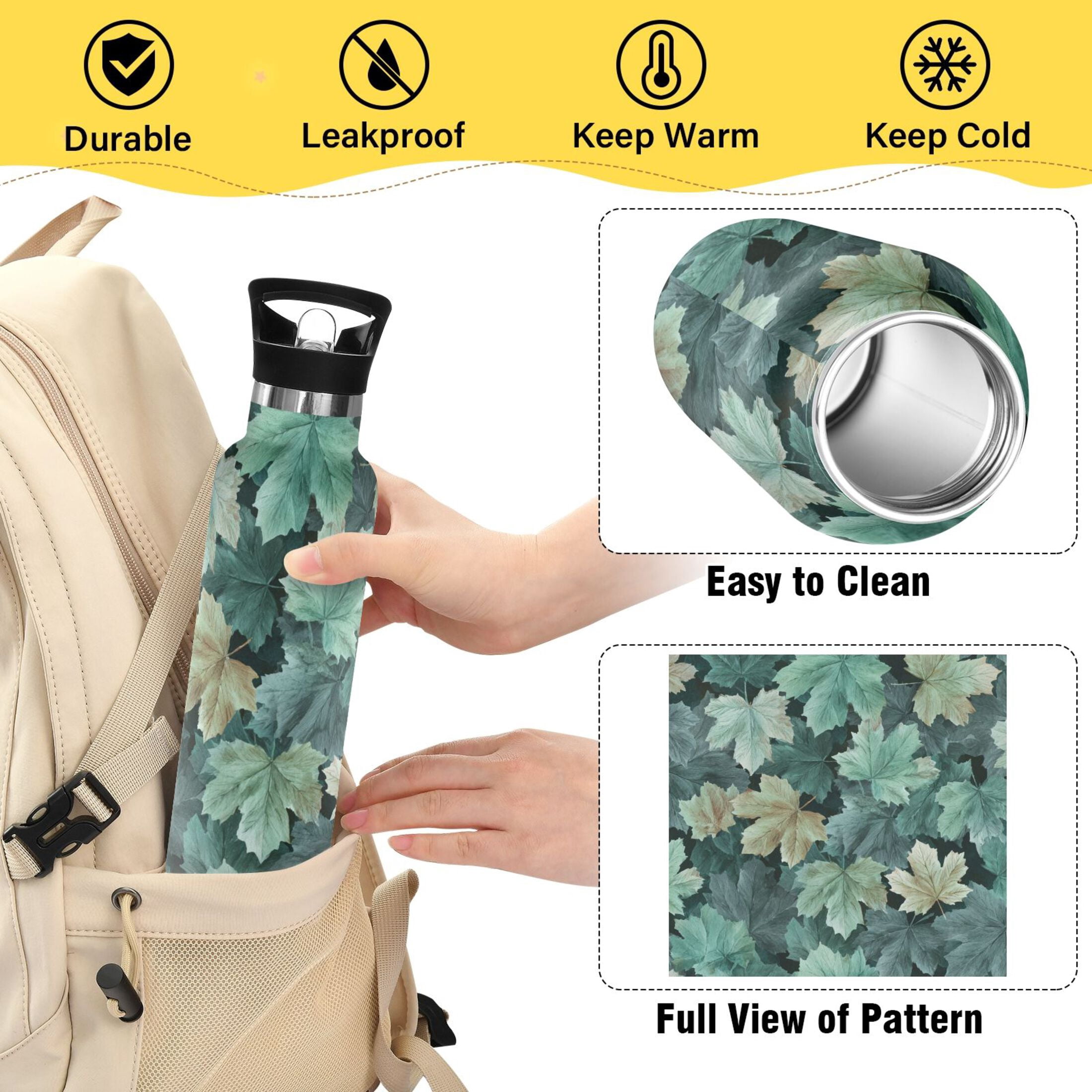 600ML Stainless Steel Insulated Cup Sports Water Bottle Portable Thermos Cup Water Glasses Insulated Tumblers Convenient and Durable Blue Maple Leaf