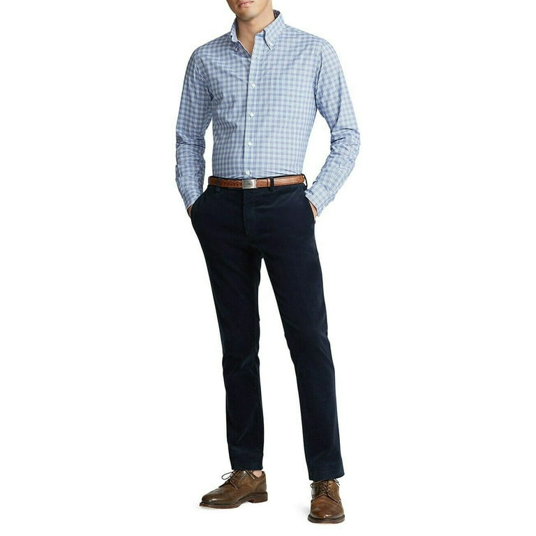 Polo Ralph Lauren Men's Classic Fit Stretch Plaid Poplin Shirt Blue-Size Medium