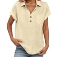 thumbnail image 2 of Rhuody Tops For Womens Short Sleeve Button Down Shirt Solid Color Lapel Collar Blouse Simple Clothes Beige 2Xl, 2 of 8