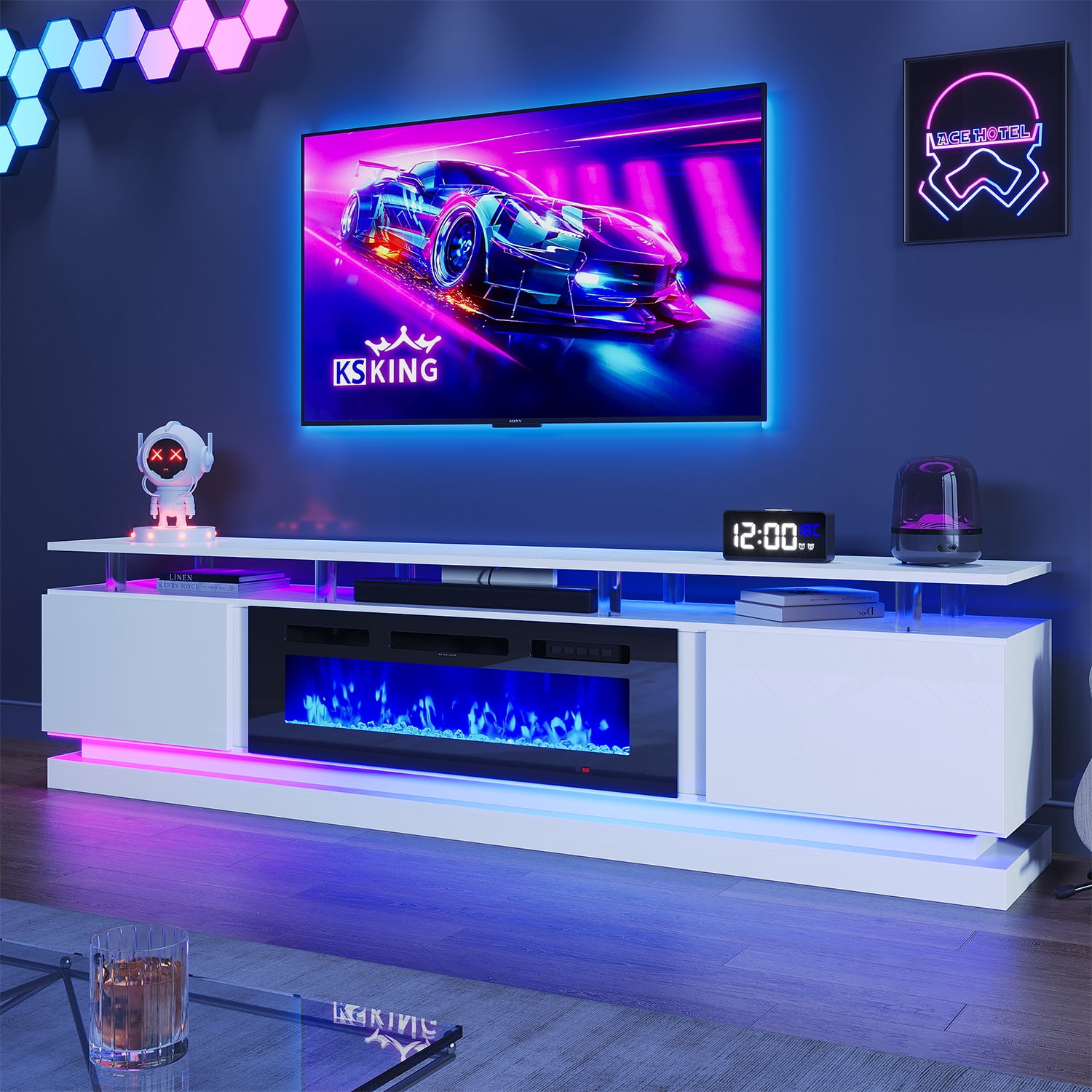 BaPiPro 80" Fireplace TV Stand for TVs up to 90", Large Modern Entertainment Center, White TV Console with 36" Electric Fireplace & LED Lights, Black Fireplace