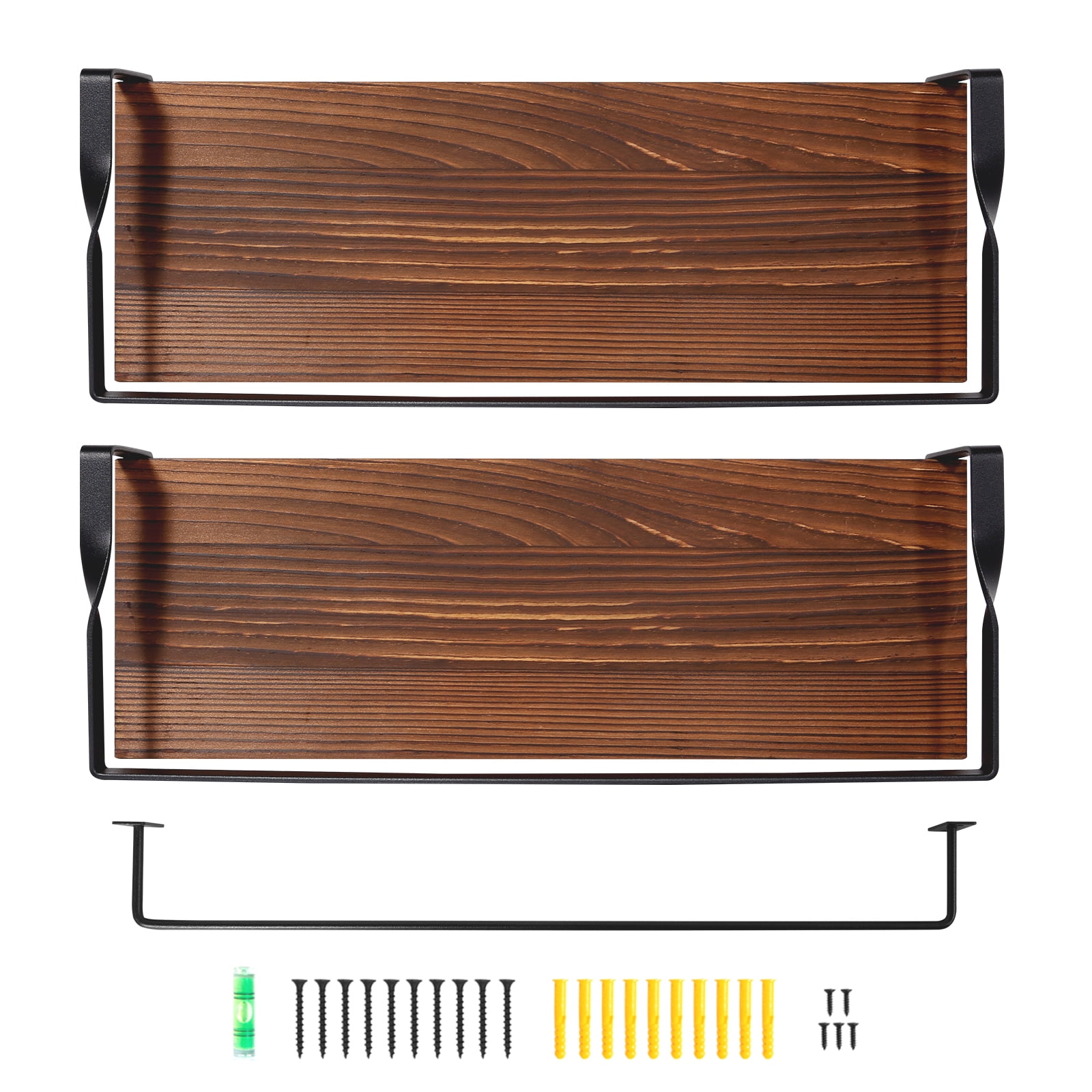 Uten Wall Mounted Floating Shelves Set of 2, Solid Wood Storage Shelves on Metal Frame and Towel Bar for Bathroom, Kitchen, Bedroom, Decorative & Space Saving