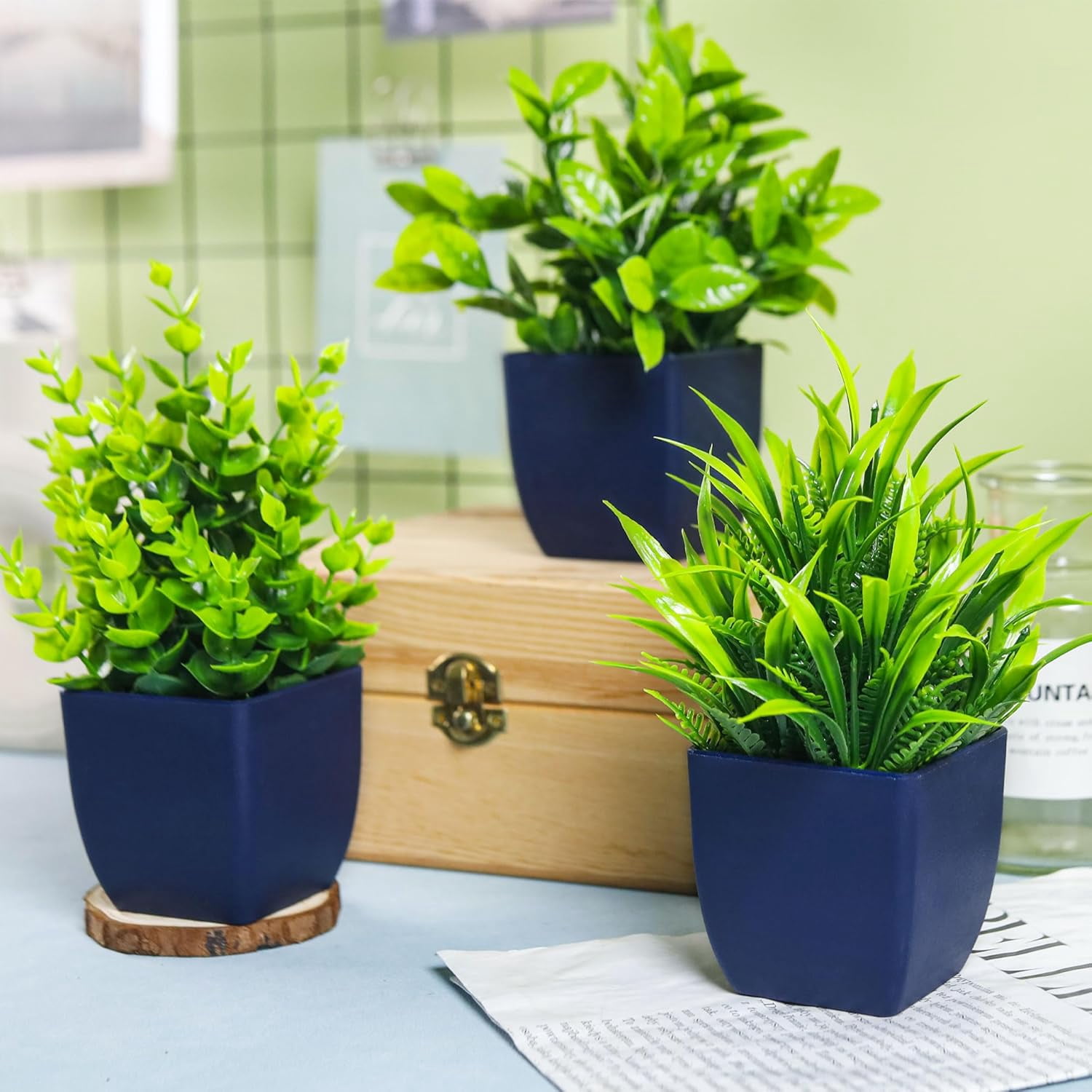 4 Pack Fake Plants Small Artificial Plants in Blue Pots Faux Plants Indoor for Home Room Bathroom Living Room Decor
