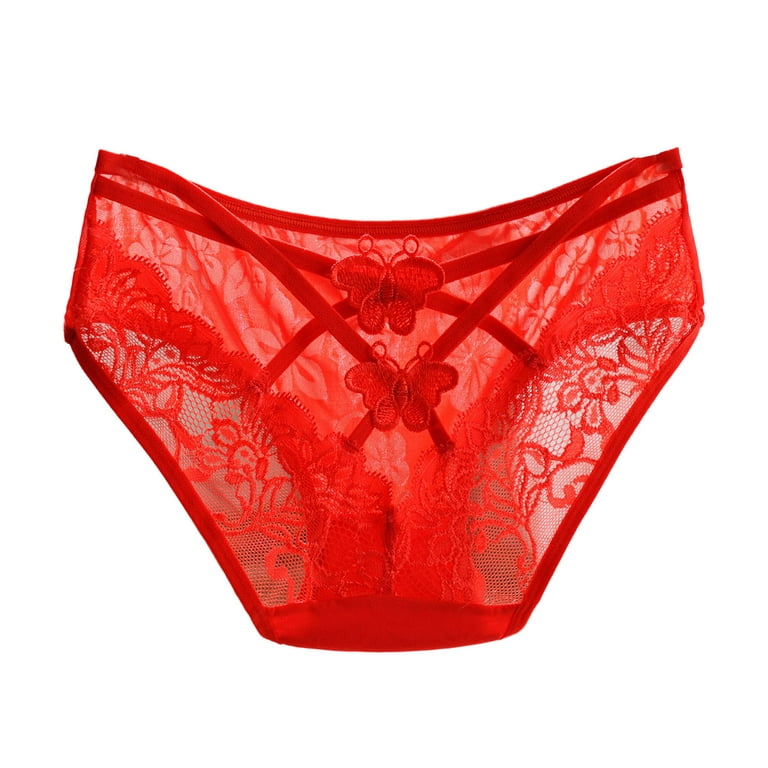 rygai Women Panties Hollow Out Lace Butterflies Shape See-through  Pornographic Protective Cross Low Waist Women Briefs for Inner Wear,Red M 