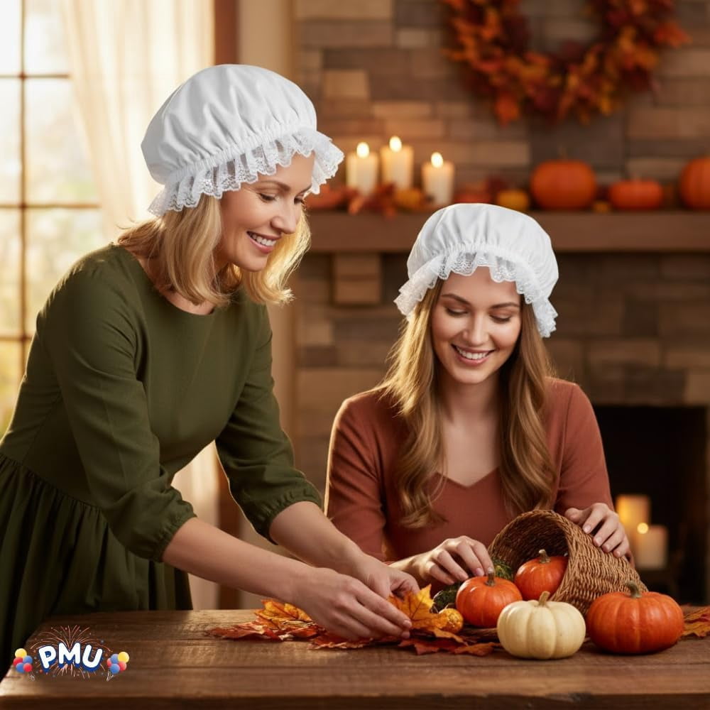 PMU Thanksgiving Colonial Mob Hat, White Bonnet Cap Pack of 1