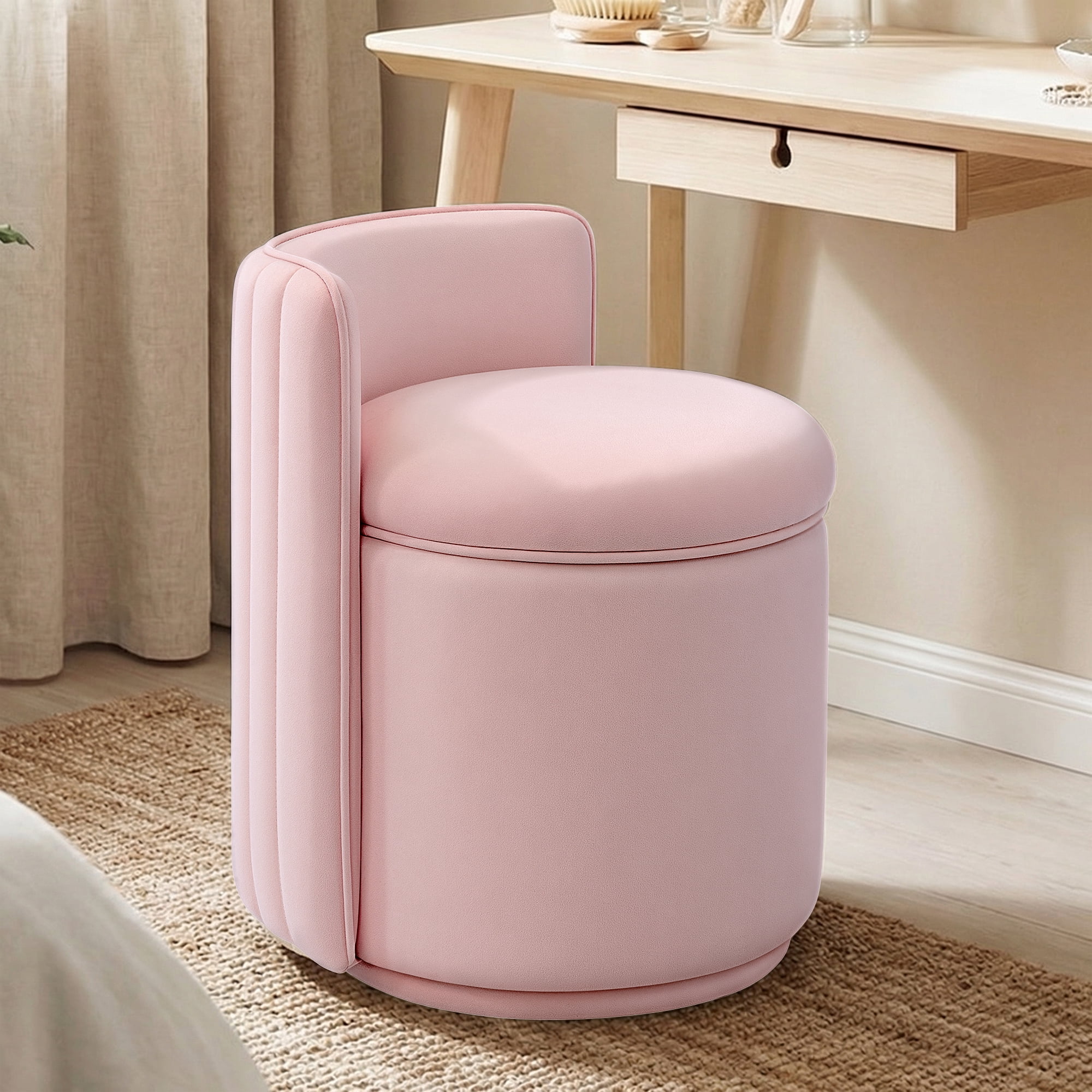 COOLHUT Vanity Chair, Upholstered Vanity Stool with Storage, Velvet Swivel Accent Chair, No Assembly Small Accent Stool, Makeup Chair for Bedroom, Living Room and Dressing Area, Pink