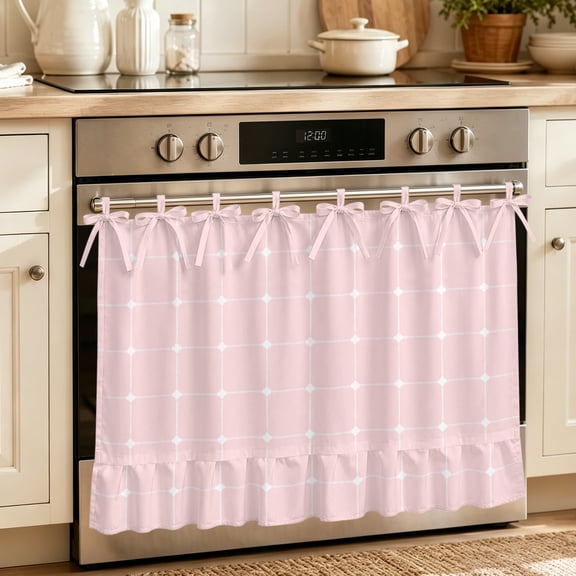 Oven Skirt Curtain for Kitchen 21.5x30 Inch, Pink Gingham Oven Curtain with 8 Ribbon Ties & Ruffle Trim, Stove Skirt Curtain Dishwasher for Cabinets Over Sinks Modern Minimalist Geometric Plaid