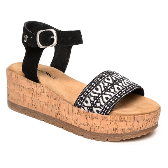 Minnetonka Patrice – Ankle Strap Sandals for Women with Open Toe Wedge Design, Buckle Closure, and Cushioned Footbed, Black White Multi, Size 10