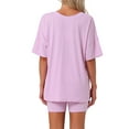 thumbnail image 3 of Pijamas para mujeres INSPIRE CHIC de 2 piezas, camiseta de cuello en V oversized, traje reversible de entrenamiento, camisetas, pantalones cortos de ciclista, conjunto de lounge S en rosa brillante, 3 of 5
