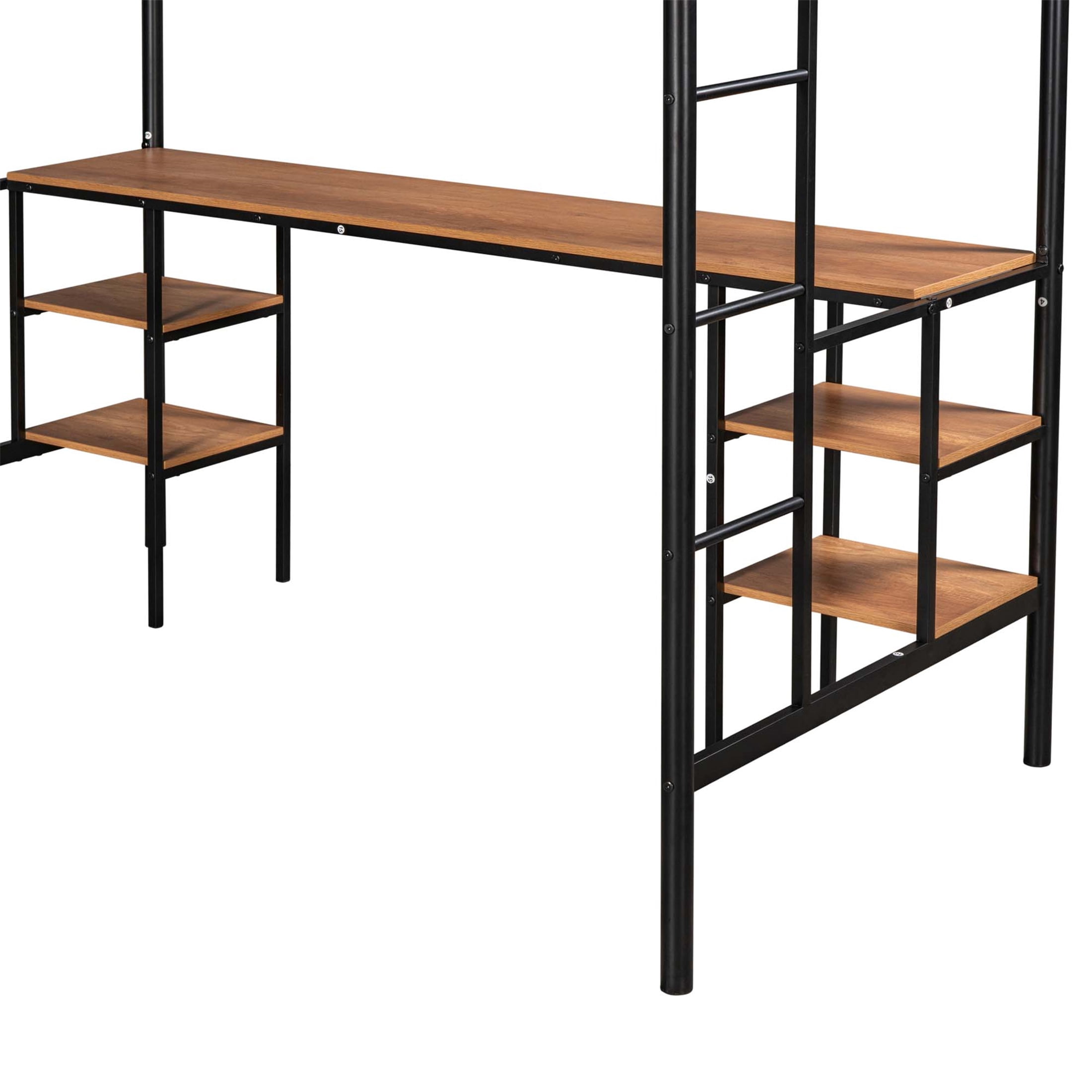 Aukfa Metal Twin Loft Bed with Desk and 4 Tier Bookshelf for Kids Teens Dorm Bedroom, Black