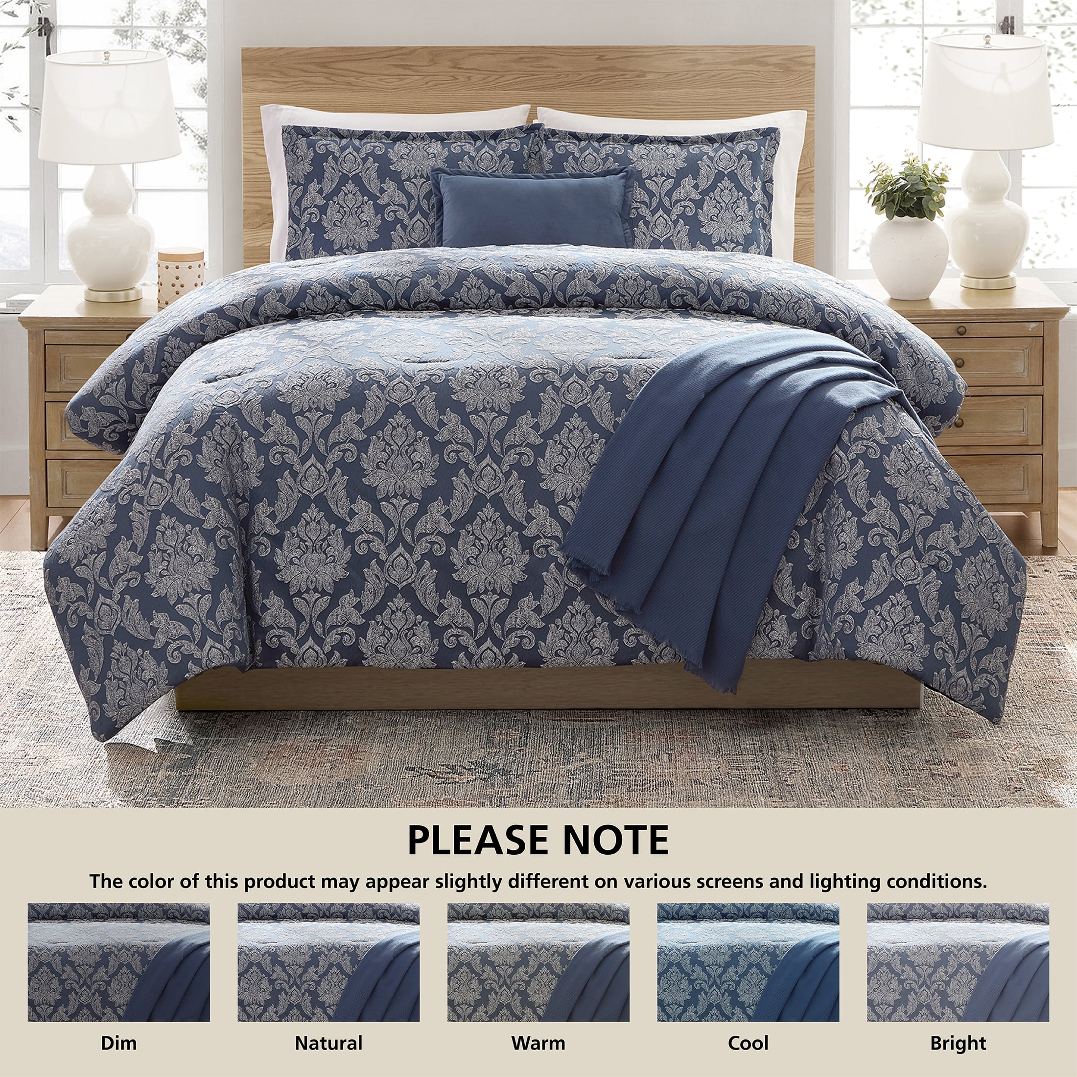 Mainstays Damask 5-Piece Jacquard Comforter Set, Blue, King