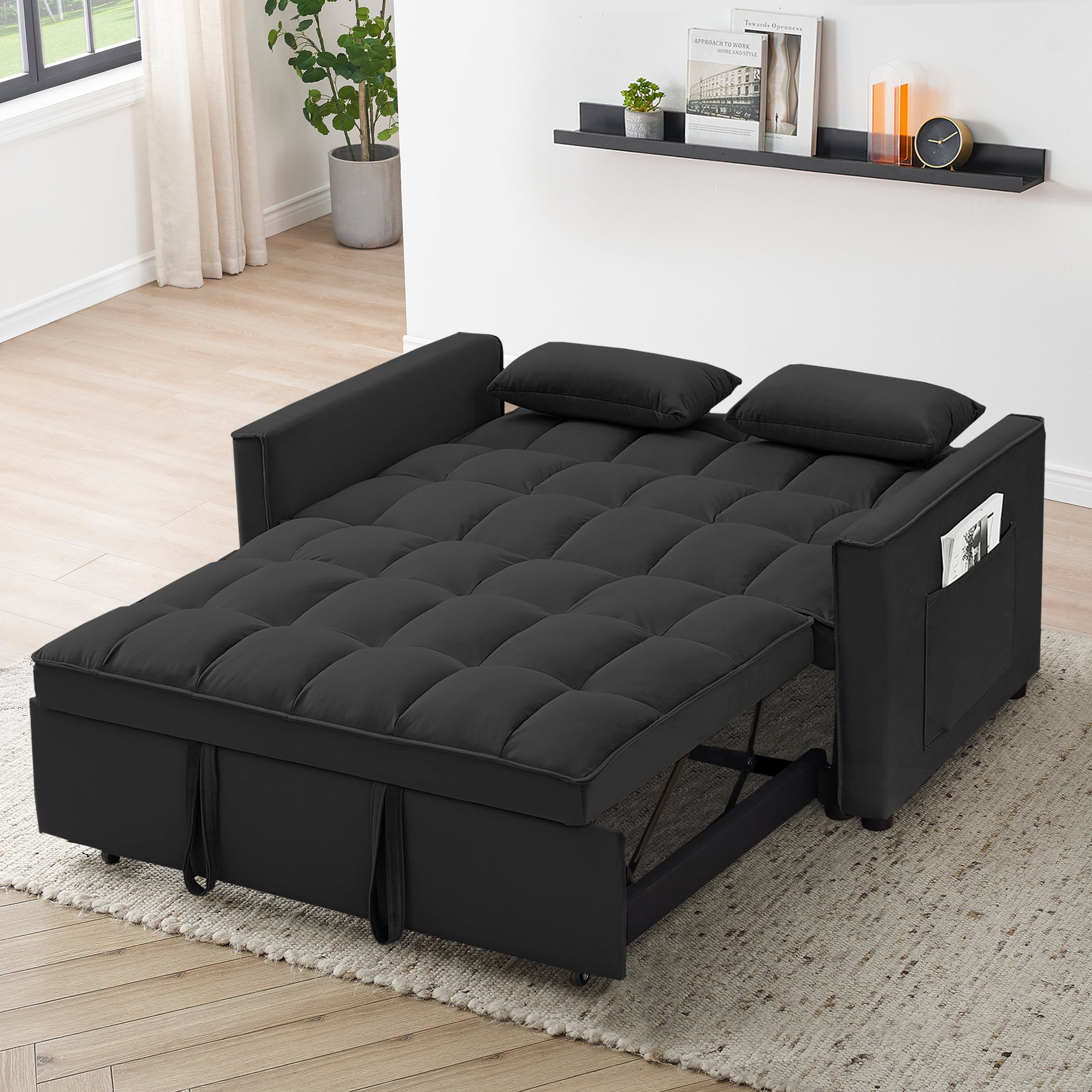 Leumius 55 Inch Convertible Futon Sofa Bed,Modern Loveseat Sleeper Sofa Couch with Pull-Out Sofa Bed for Living Room,Small Space - Black