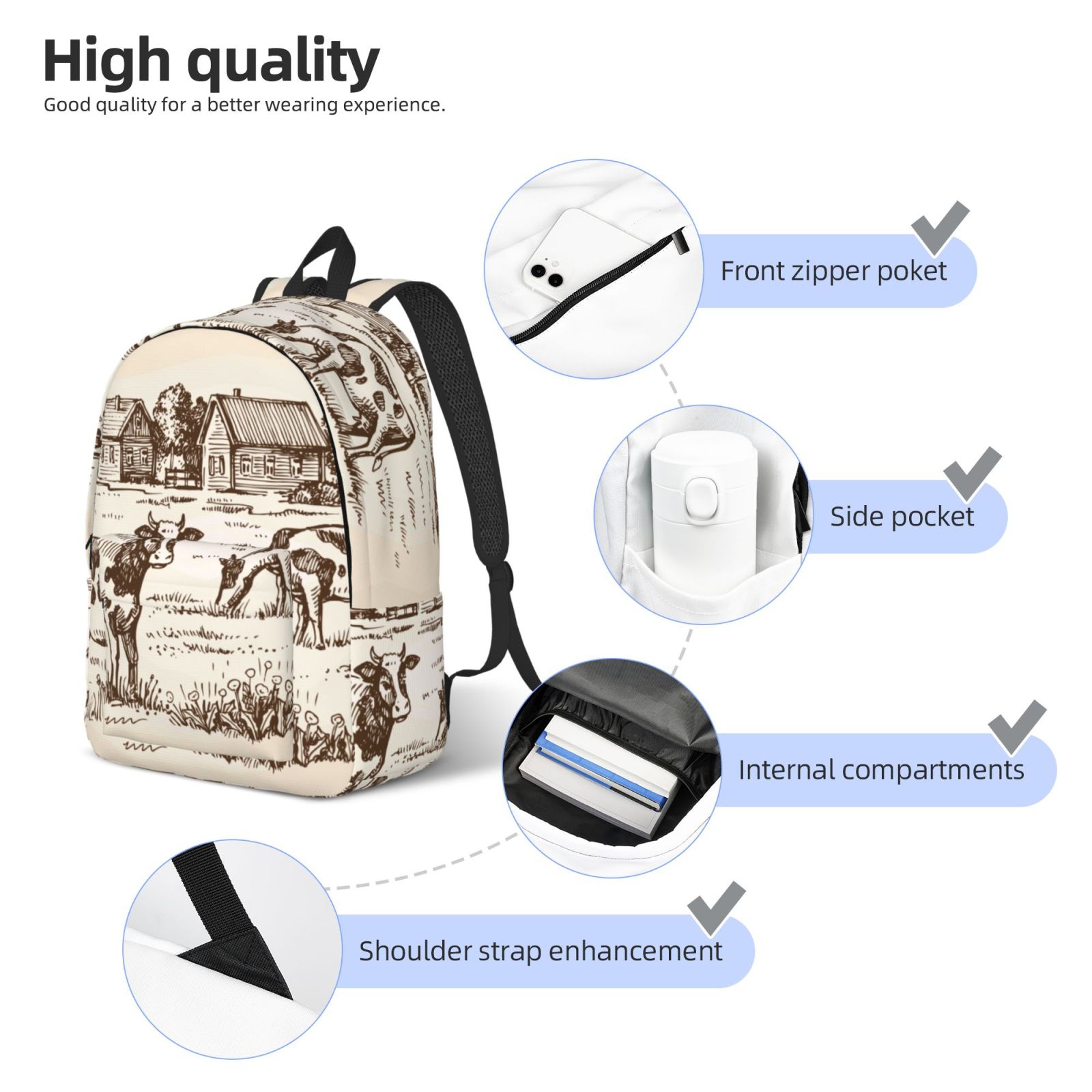Ratiio Cows On The Farm Print Canvas Backpack for Women & Men Retro Aesthetic Rucksack Basic Backpack for High School/College Students Travel Laptop Bag