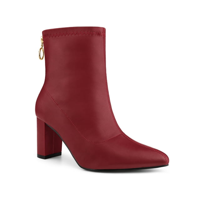 Unique Bargains Women's Pointy Toe Back Zip Block Heel Ankle Boots Red (Size 10)