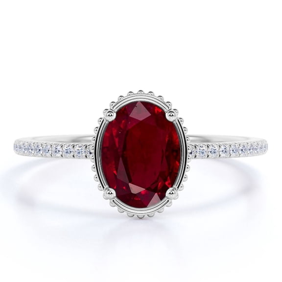 JeenMata 1.75 Carat Oval Pigeon Blood Lab Created Ruby Engagement Ring - Antique Ring - 18k White Gold over Silver