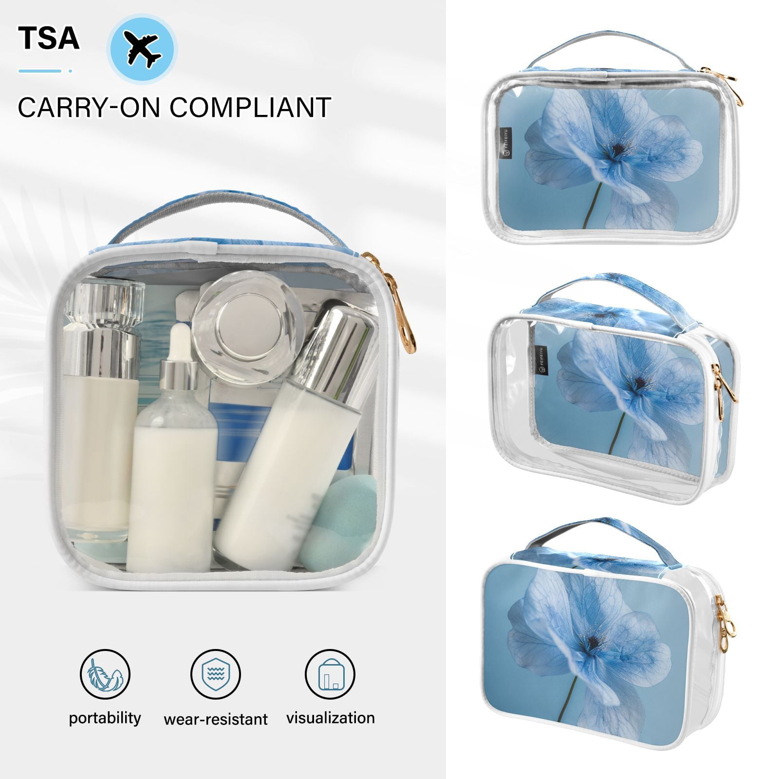 Clear Makeup Bags with Handle Large Opening 2 Pack Set Toiletry Bag Quart Size Bag, for Women Man Traveling Travel Essentials, Toiletries and Other. Blue Floral