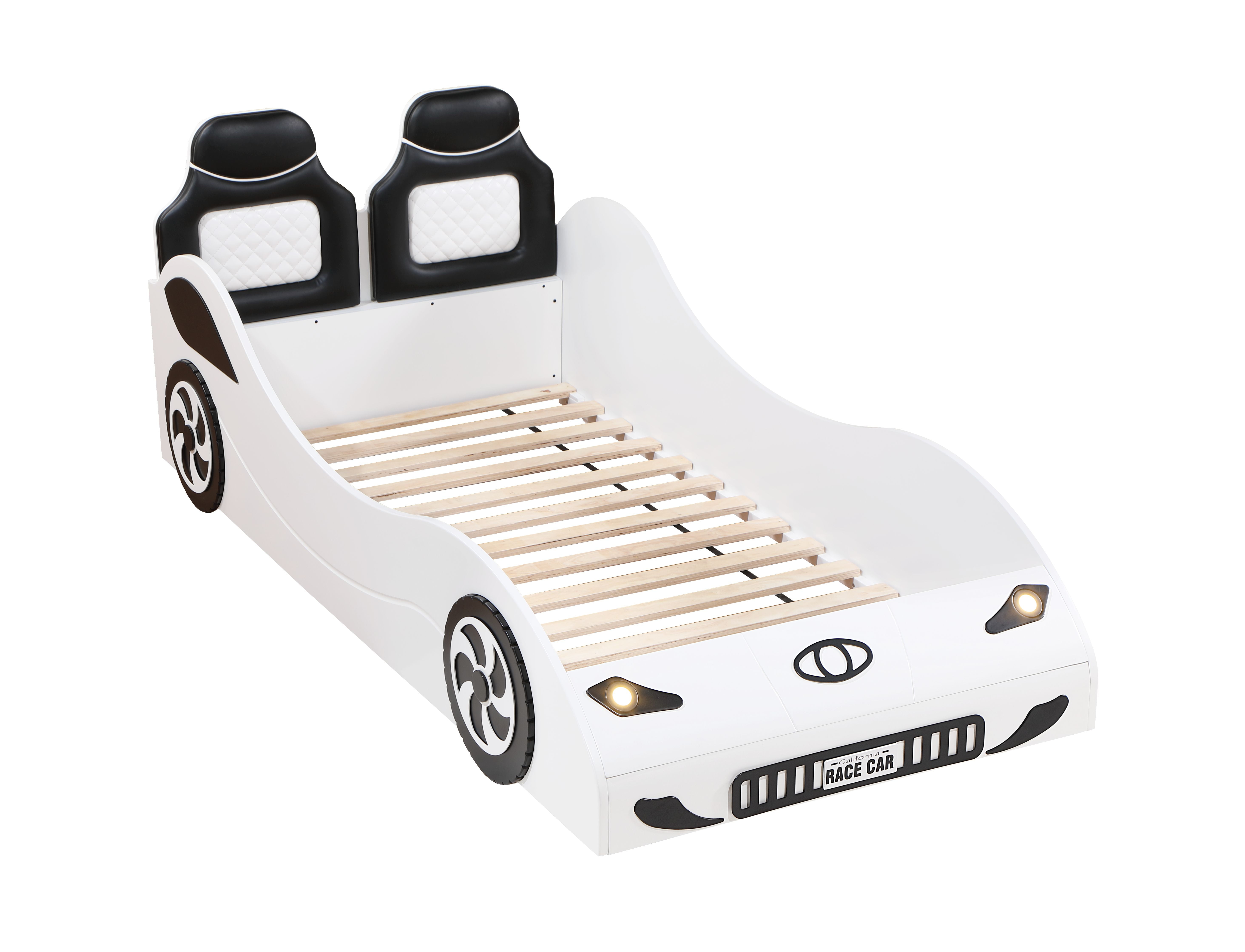 Bed Frame White Finish Twin Car Bed with LED