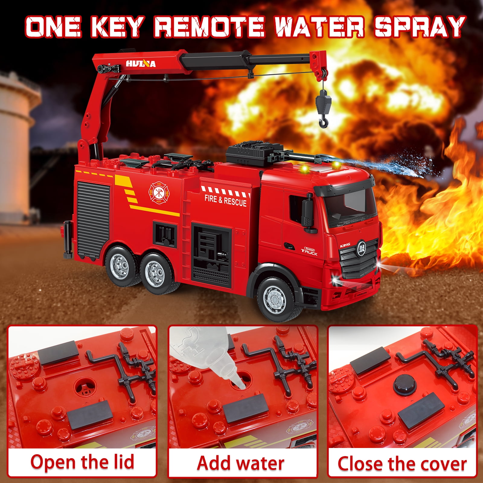Remote Control Fire Truck, 9 Channel RC Rescue Firetruck with Water Spraying Pump and Lights Sounds, RC Crane RC Truck Toys for Kids Boys Gift