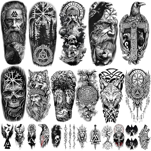 wonima02 77 sheets Viking Temporary Tattoos Adult, Nordic Celtic Tattoos, Totem Tribal Fake Tattoo Stickers for Viking Costume, Nordic Norse Yggdrasil Valknut Fake Arm Tattoos for Women Men Kids