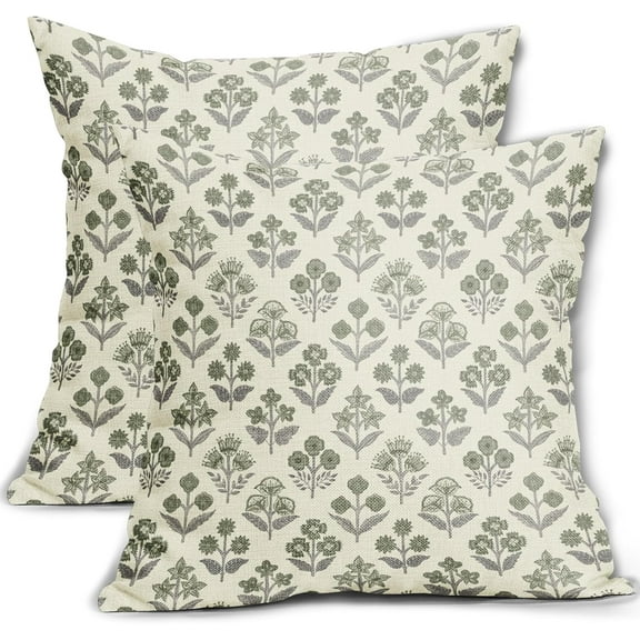 Green Grey Gray Floral Block Print Pillow Covers 18x18 Inch Set of 2, Vintage Flower Pattern Decorative Throw Pillowcases Outdoor Farmhouse Cushion Covers Spring Summer Rustic Sofa Couch Bed Decor