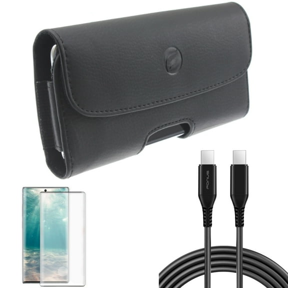 Screen Protector & 10ft Long USB-C Cable & Case Belt Clip for Samsung Galaxy Note 20 (6.7") - Combo with Tempered Glass (Fingerprint Unlock) & PD Fast Charger Cord Power & Leather Holster