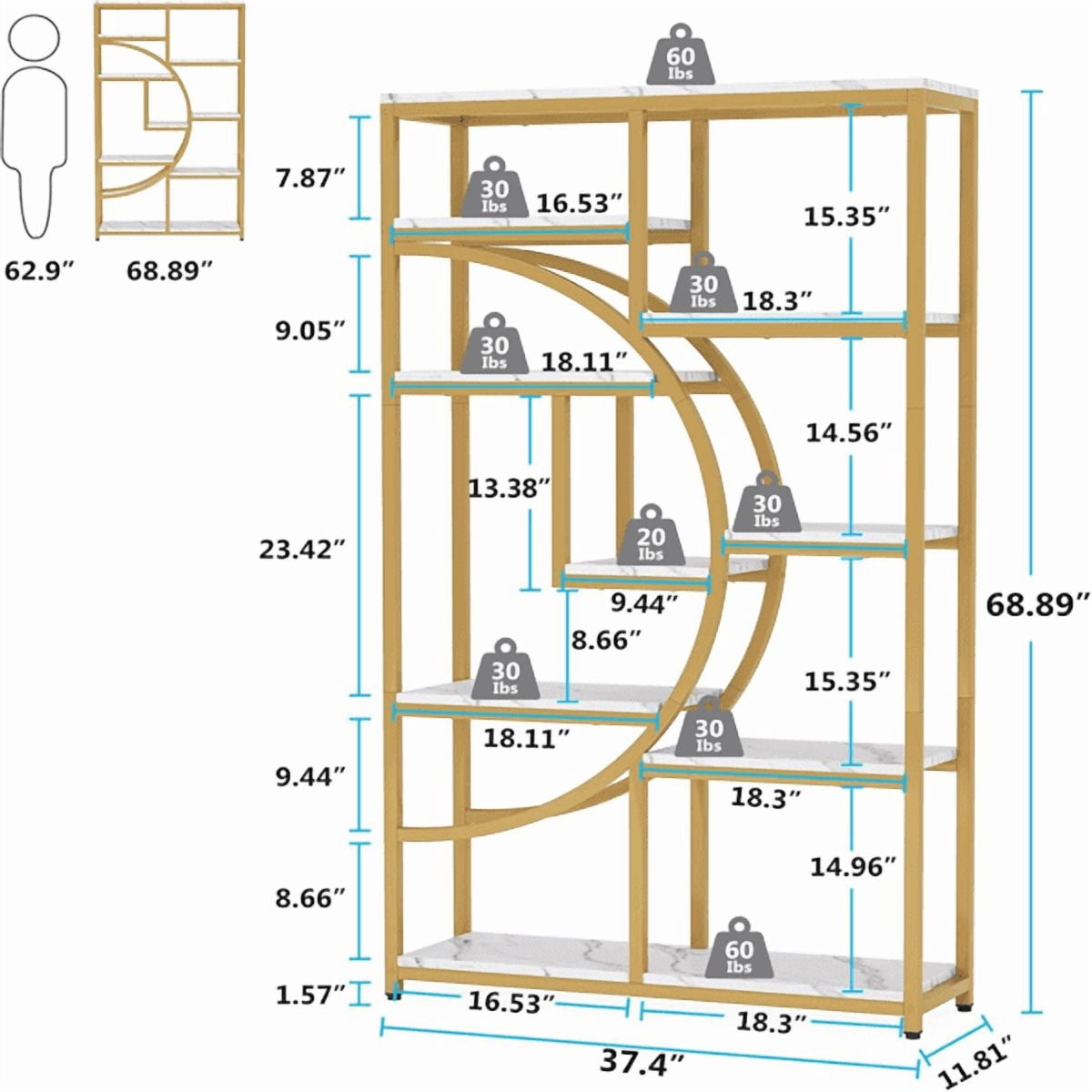 9-Tier Etagere Bookcase, Gold Metal Frame with White Marbling Boards, Half-Moon Silhouette, Industrial-Chic Design for Living Room/Home Office