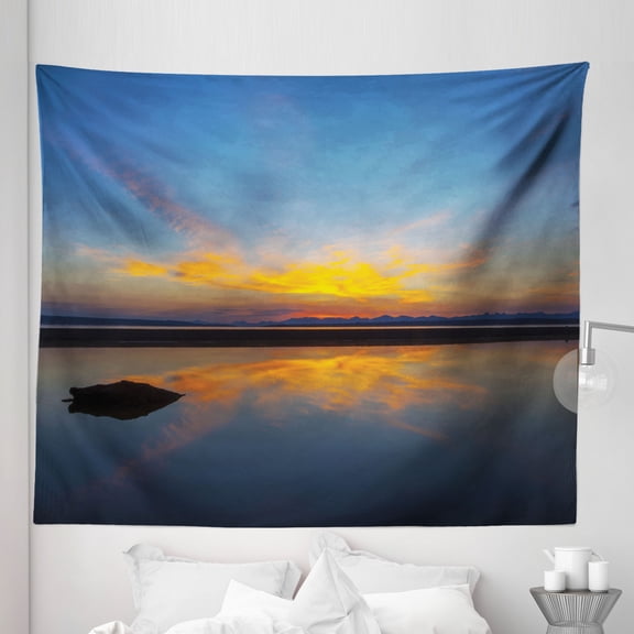 Yellowstone Tapestry, Yellowstone National Park Sunrise on Lakeside Romantic Nature Outdoor Picture, Fabric Wall Hanging Decor for Bedroom Living Room Dorm, 5 Sizes, Yellow Blue, by Ambesonne