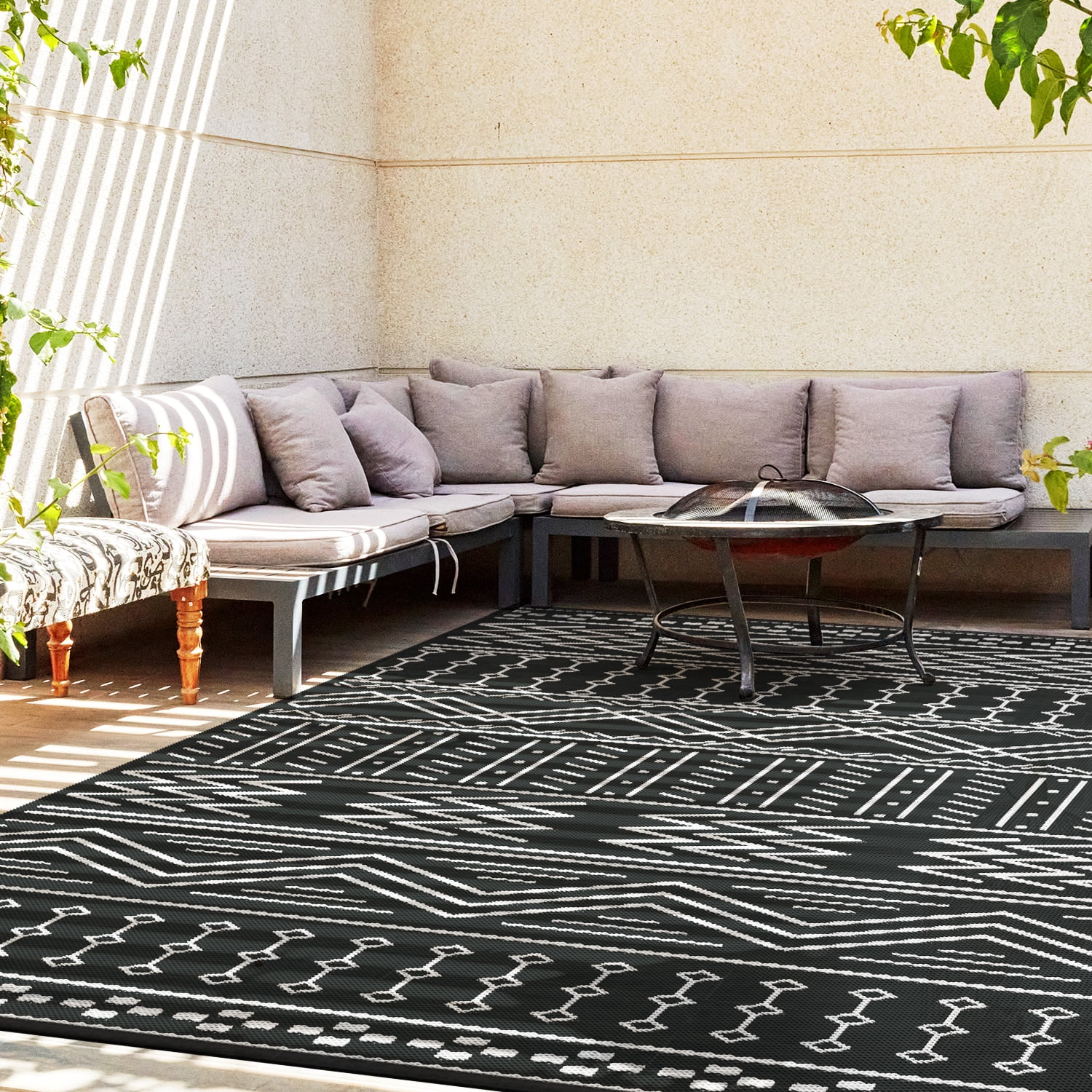 SIXHOME Outdoor Rug 6'x9' Waterproof Patio Rug Reversible Indoor Outdoor Rug Lightweight Plastic Straw Rug for RV Camping Deck Balcony Boho Porch Decor Dark Grey and White
