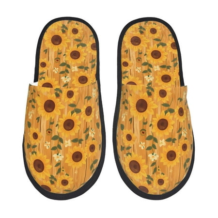 Balery Modern Wood Grain Sunflower Slient Indoor Furry Fleece Comfort House Shoes Soft Non-Slip Home Shoes Cotton slippers House Slippers-- Medium