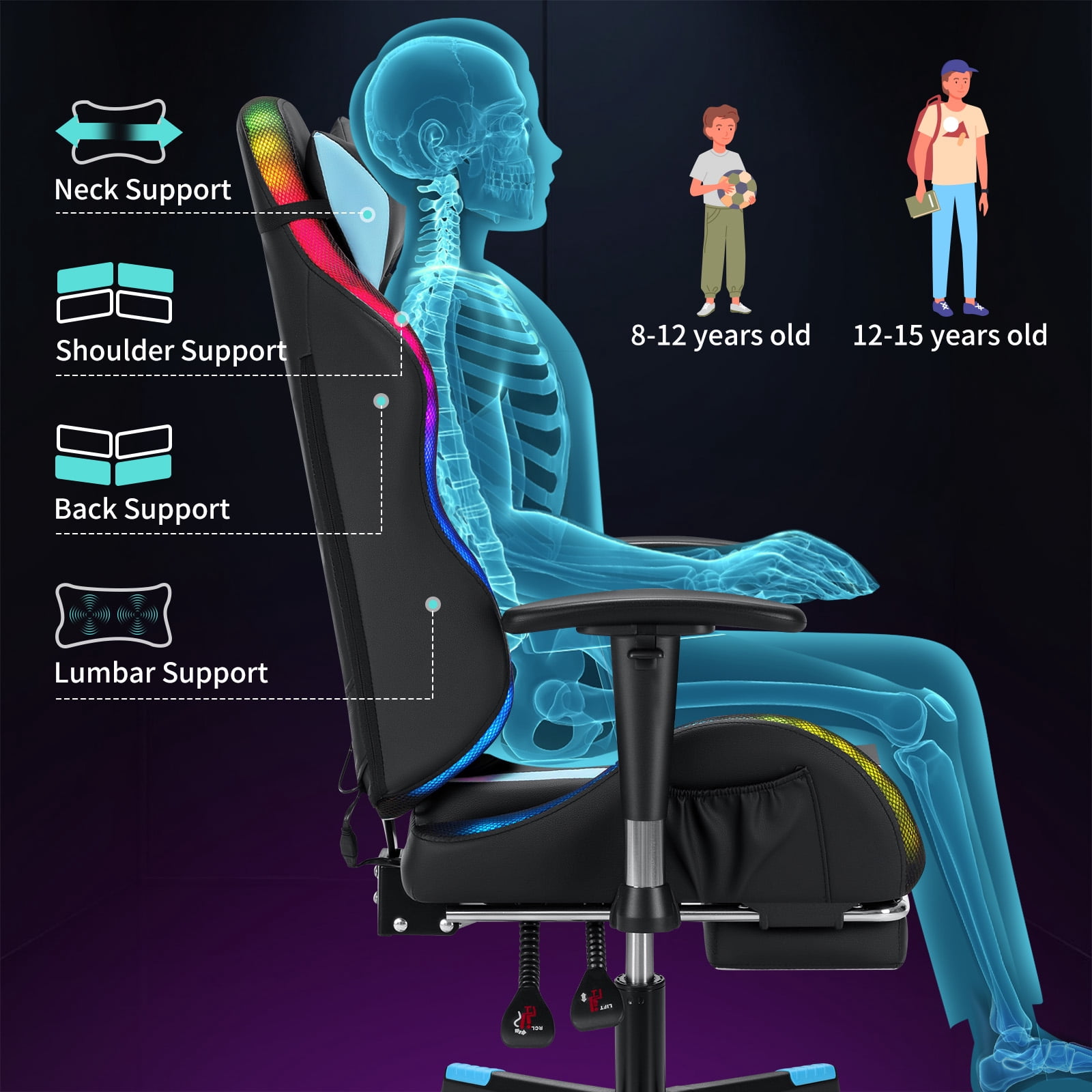 Hoffree LED Gaming Chair for Kids 8-14 Gaming Chairs for Teens with Adjustable Headrest and Lumbar Support Ergonomic PU Leather Kids Gaming Chair with Led Lights