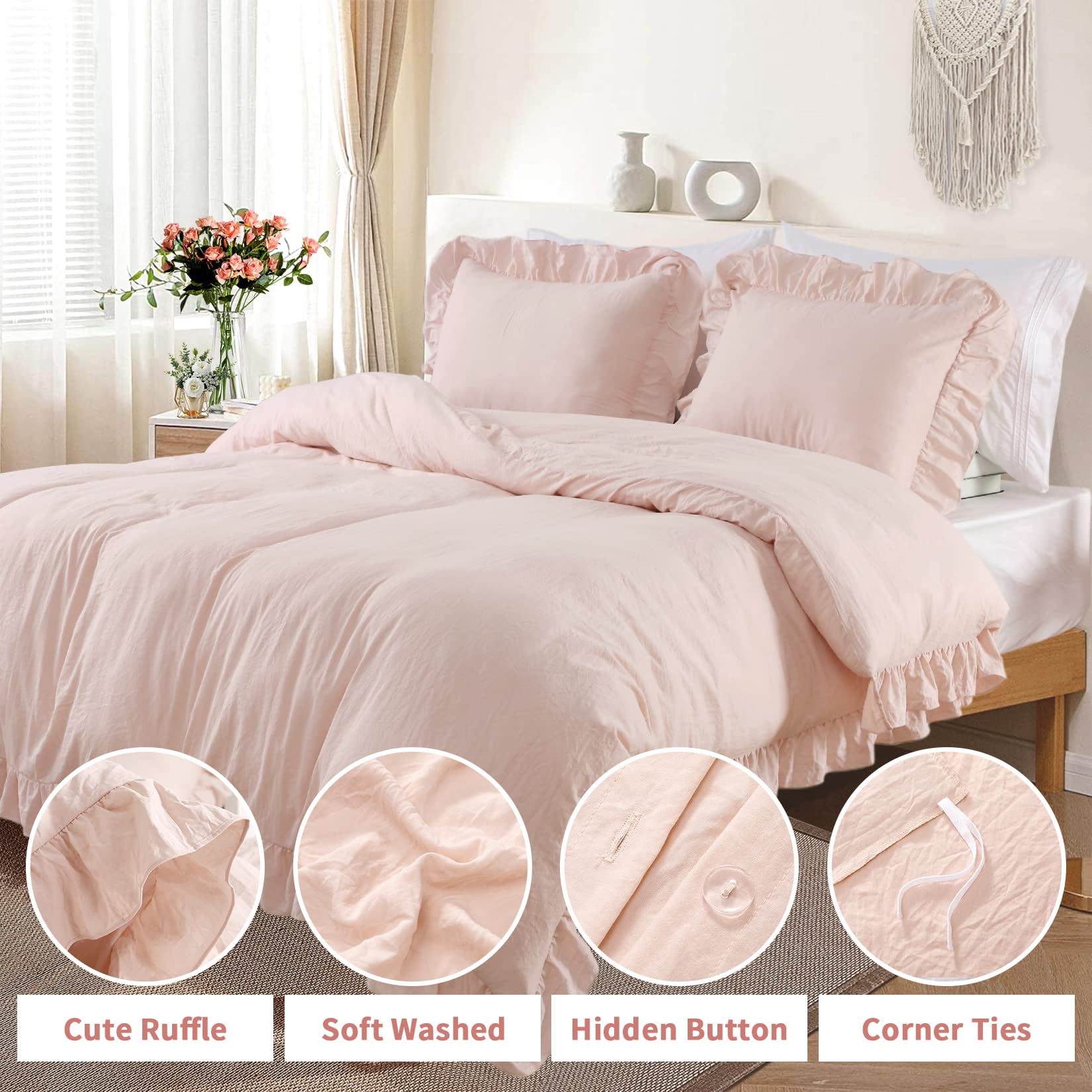 Ruffled Duvet Cover Twin/Queen/King Size, 3 Pieces Soft Washed Microfiber Duvet Cover Set, Shabby Chic Home Bedding Duvet Covers with Button Closure