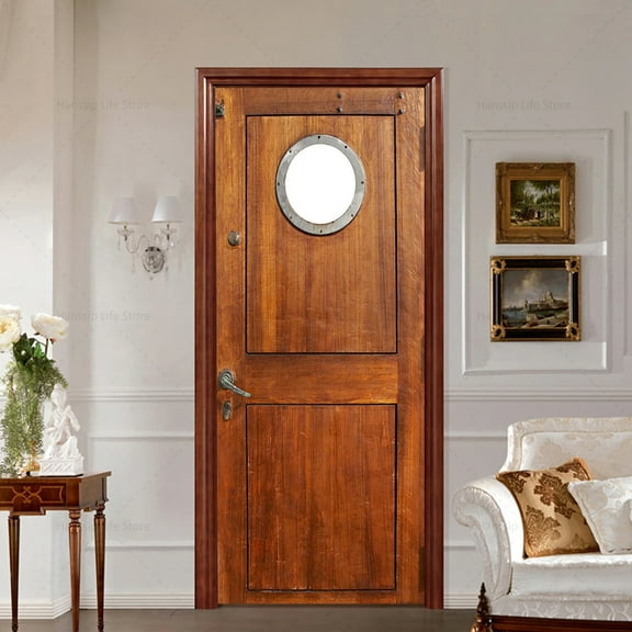 Vintage Oriental Door Stickers Self Adhesive Poster on The Door Wallpaper Imitation Wood Whole Door