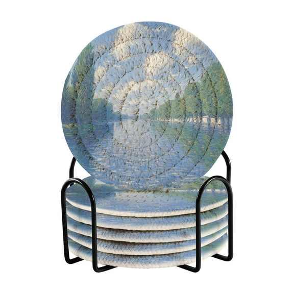Yayeee 6 PCS Drink Coasters with Holder Set Woven Absorbent Round Tabletop Hot Pad, Blue Sky and River