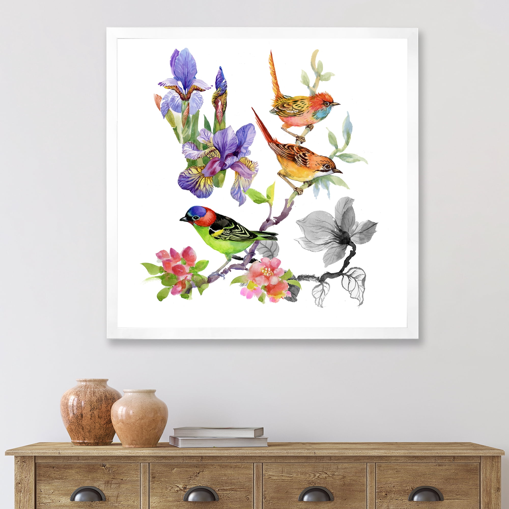 Designart 'Colourful Birds and Tropical Flowers I' Traditional Framed Art Print