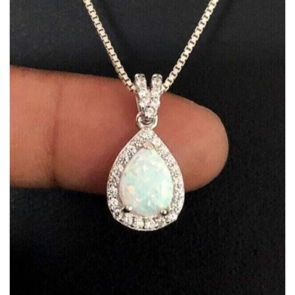 Luxe Teardrop Halo Pear-Shaped White Opal 14K Rose Gold Over 925 Sterling Silver Pendant Necklace For Women