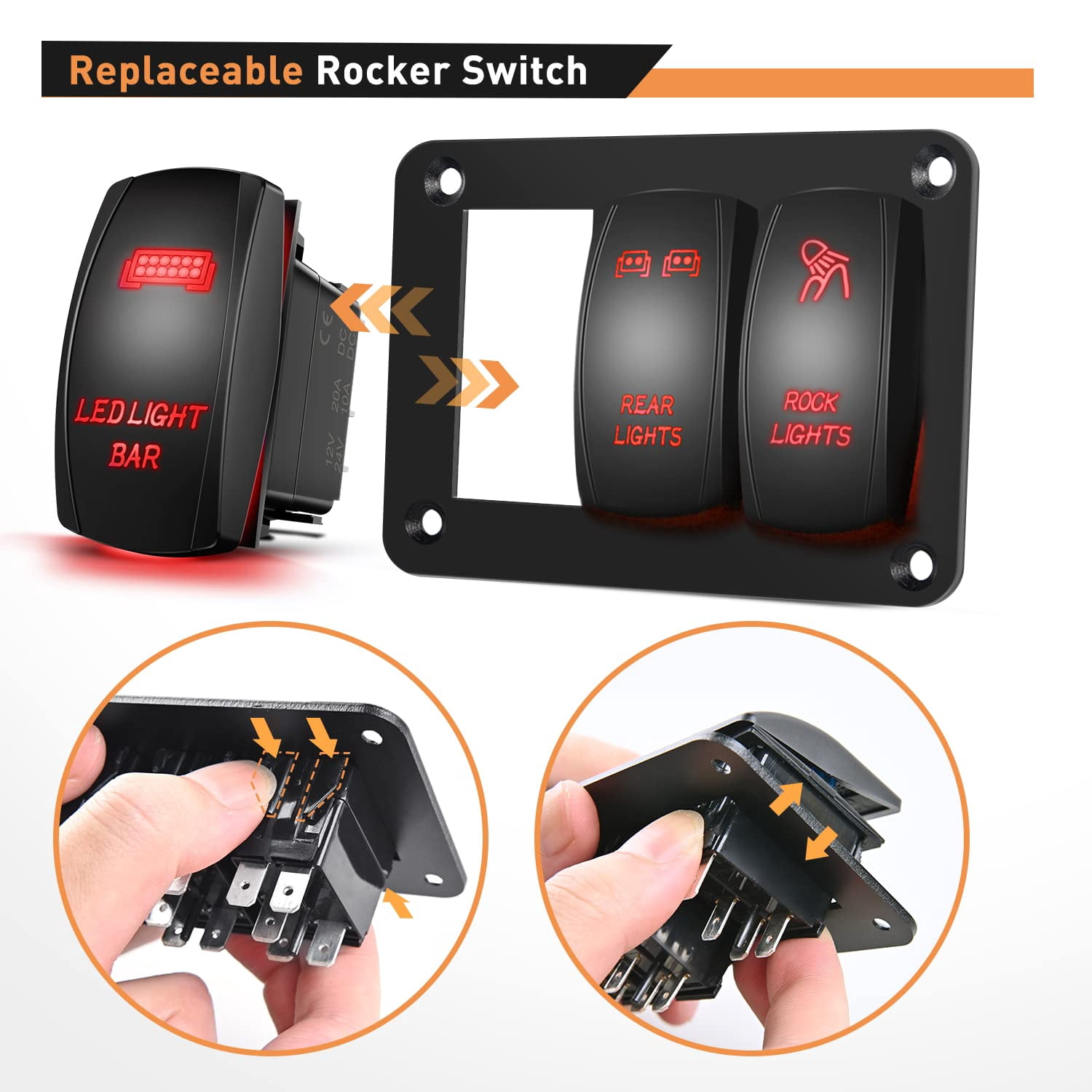 Waywe 3 Gang Rocker Switch Panel Aluminum 5 Pin ON Off Toggle Switch Panel LED Light Bar Switch SPST 12V 24V Red Switches for Marine Boats Cars ATVs UTVs