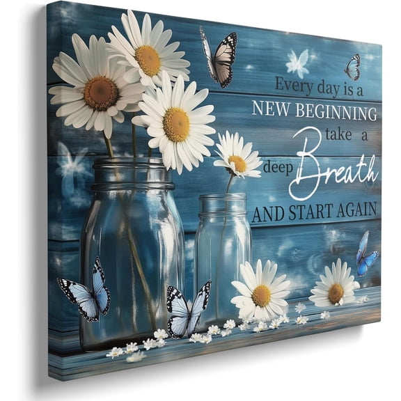Canvas Wall Art Framed Daisy Butterfly Mason Jar Cottagecore Shabby Chic Vintage Botanical Textured Serene Calming Floral Blue Wall Decor for Bathroom Sunroom Positive Affirmation Decor