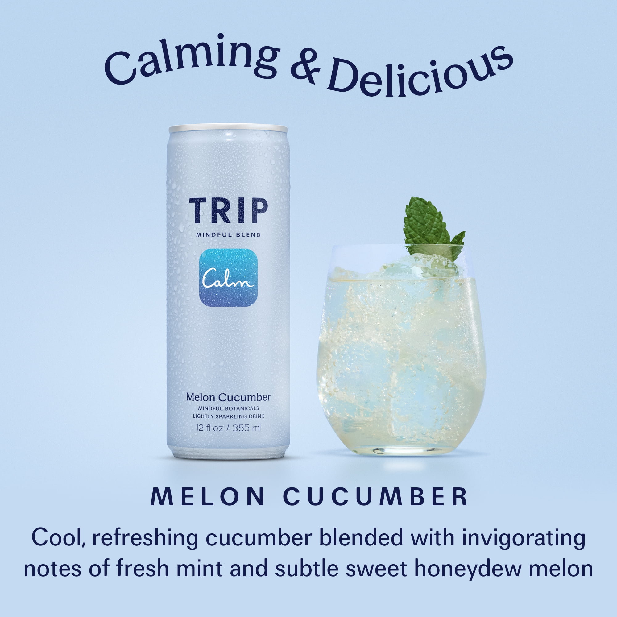 TRIP Sparkling Magnesium Drink, Melon Cucumber Flavor, 12 oz, 12 Pack, Adaptogen Drink With Ashwagandha and Lions Mane