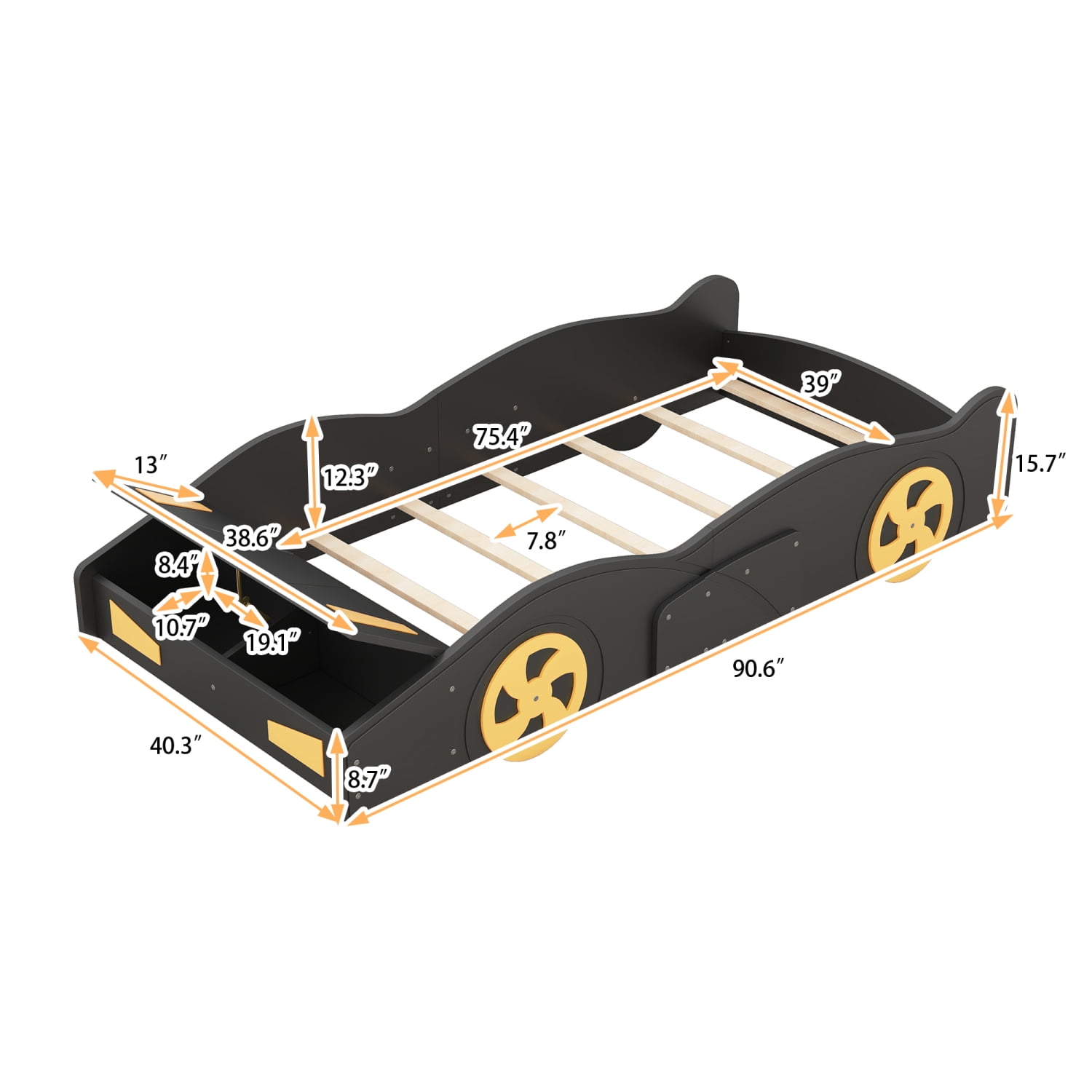 Harper & Bright Designs Twin Size Race Car Bed Platform Bed for Kids, Wood Car-Shaped Kids Bed Frame with Storage and Wheels for Boys Girls, Black