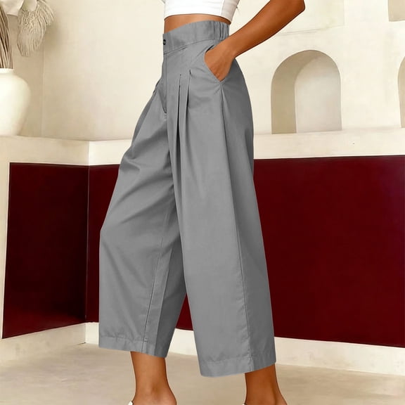 Mifsaly Linen Cropped Pants Women High Waisted Wide Leg Casual Summer Crop Pant Lightweight Flowy Work office Beach Vacation Outfits with Pockets Gray,XL