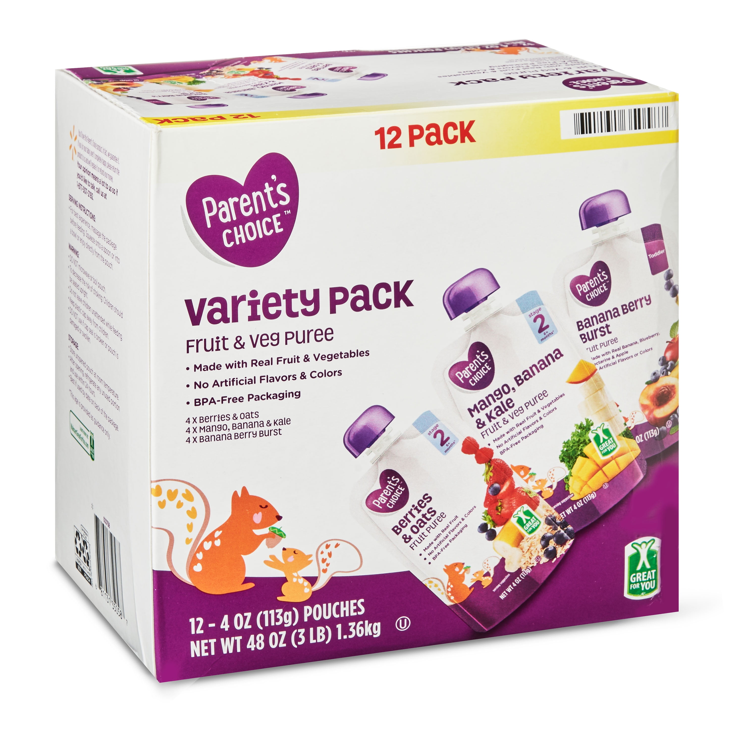 Parent's Choice Fruit & Veg Puree, Stage 2, 124 oz. Variety Pack