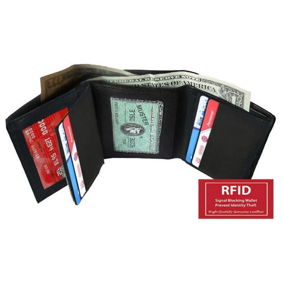 Black Genuine Leather Mens Trifold Wallet Front Pocket ID badge Holder