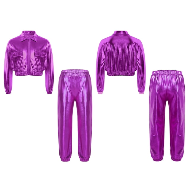 Runhomal Youth Boys Girls Jazz Hip Hop Dance Costume Metallic Streetwear Bomber Jacket and Sweatpants Set Purple 10