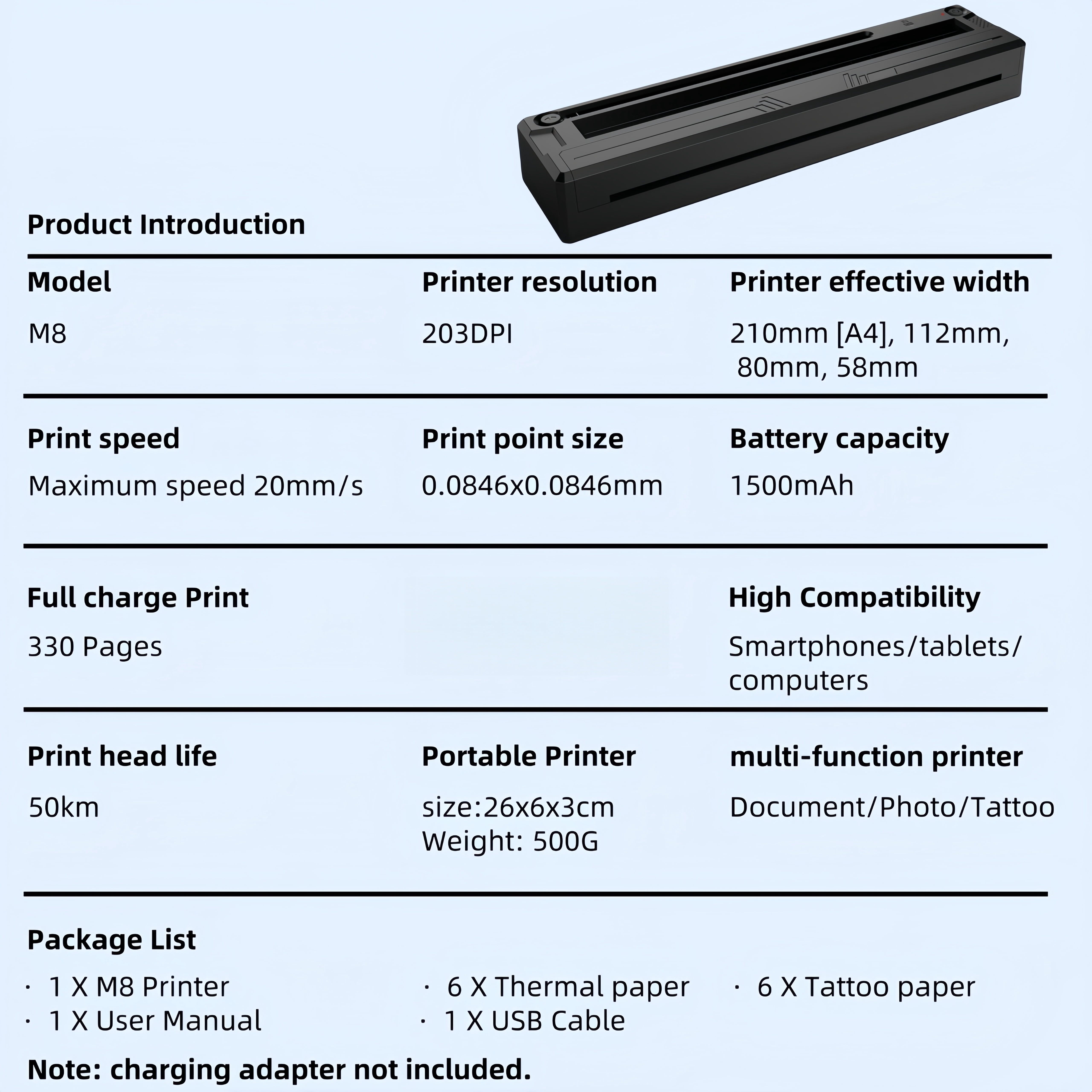 Printer, Including 6 Transfer Papers and 6 Thermal Papers