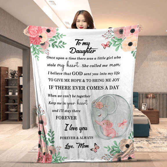 Blanket For Daughter From Mom, Personalized To My Daughter Blanket From Mom – Elephant Design – Soft Fleece Throw – Birthday, Graduation, or Christmas Gift for Daughter- Fleece-60x80