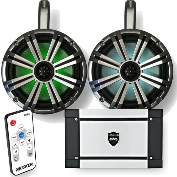Kicker marine 8" LED Tower System - White Enclosures, Silver Speakers, Wet Sounds HT-4 Amplifier