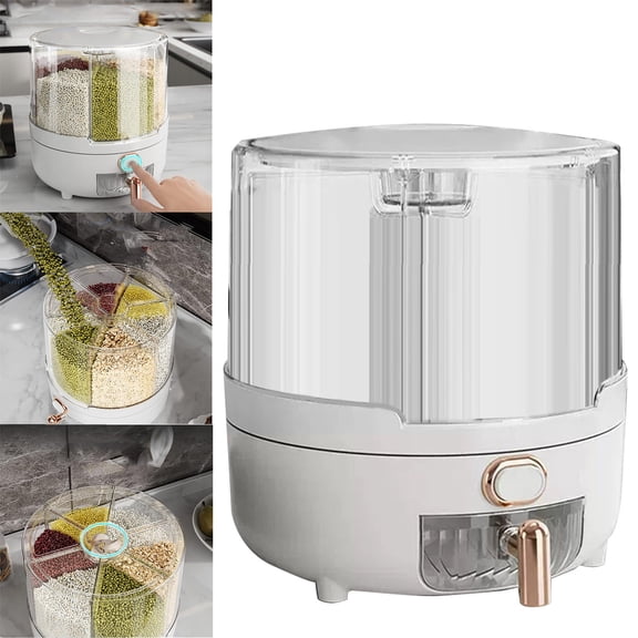 MOQIN Grain and Rice Storage Container, 6 Grid Grain Dispenser, 360° Rotating Large Food Dispenser, Rice Dispenser Upgrade 6 Compartment Rotating, Airtight Storage