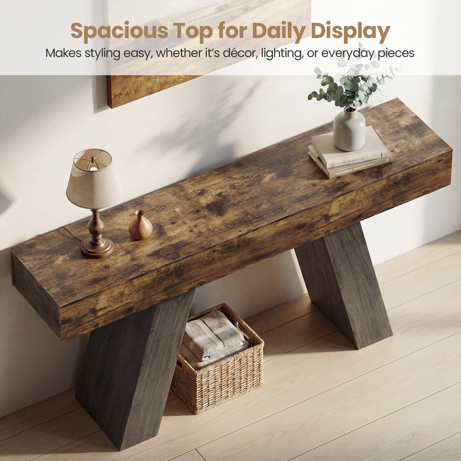 Advwin 63" Console Table with Storage Drawers, Extra Long Sofa Table for Entryway or Behind Couch, Farmhouse Narrow Hallway Table with Floor Protection Pads, Rustic Brown+Charcoal
