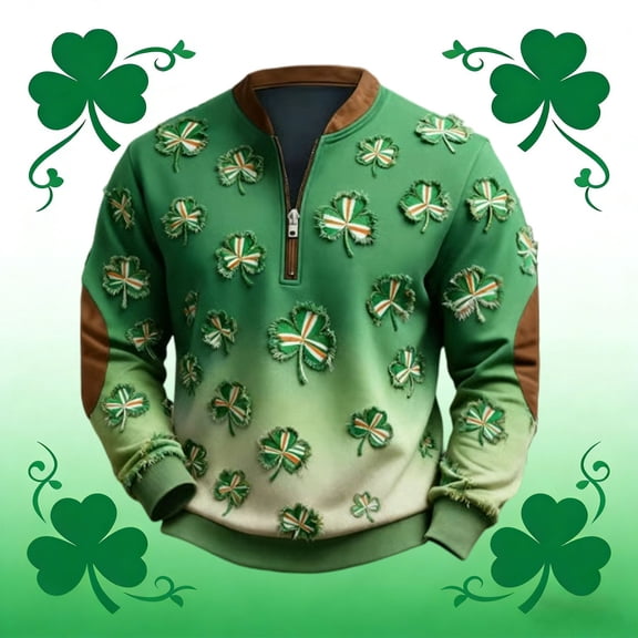 Mens St Patricks Day Sweatshirt Retro Shamrock Flag Print 1/4 Zipper Crew Neck Long Sleeve Shirt Pullover Tops Green M